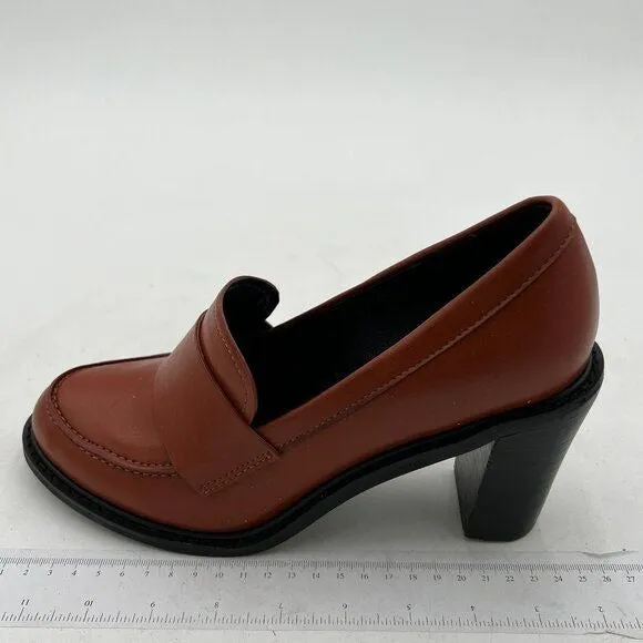YDN Pure Brown Chunky High Heels Round Toe Oxford Loafer Shoes Slip On Pumps