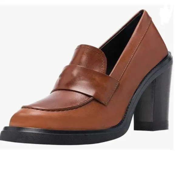 YDN Pure Brown Chunky High Heels Round Toe Oxford Loafer Shoes Slip On Pumps