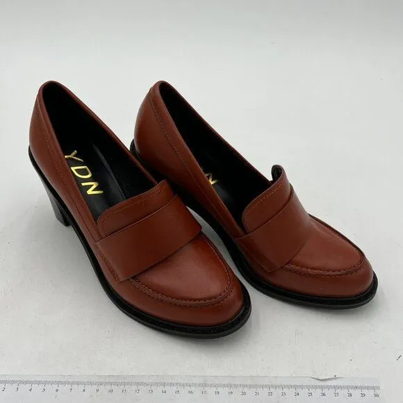 YDN Pure Brown Chunky High Heels Round Toe Oxford Loafer Shoes Slip On Pumps