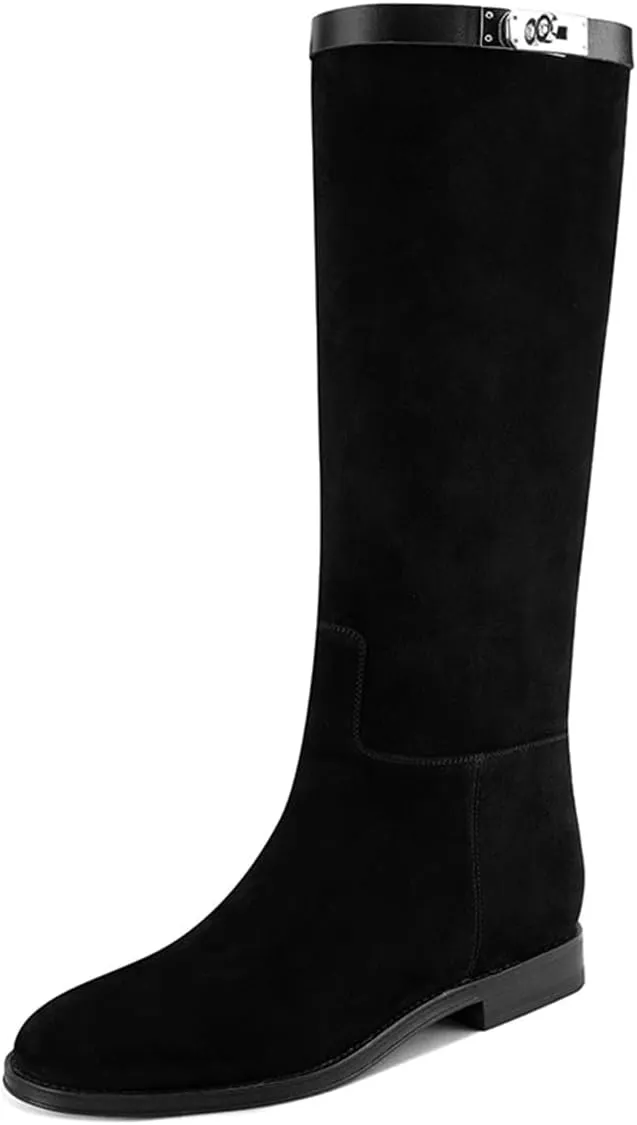 YDN Women Classic Round Toe Under the Knee High Flat Riding Boots Pull on Mental Buckle Wide Calf Booties Combat Walking Boots Size 4-15 US