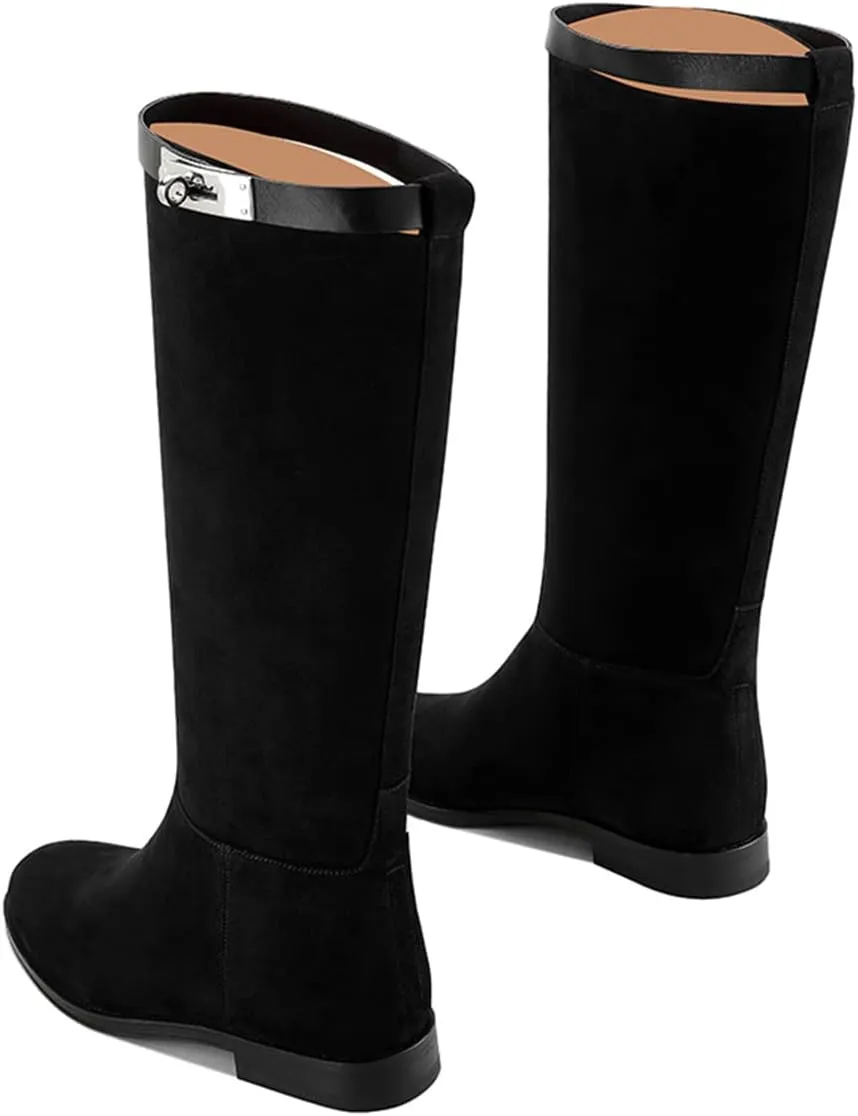 YDN Women Classic Round Toe Under the Knee High Flat Riding Boots Pull on Mental Buckle Wide Calf Booties Combat Walking Boots Size 4-15 US