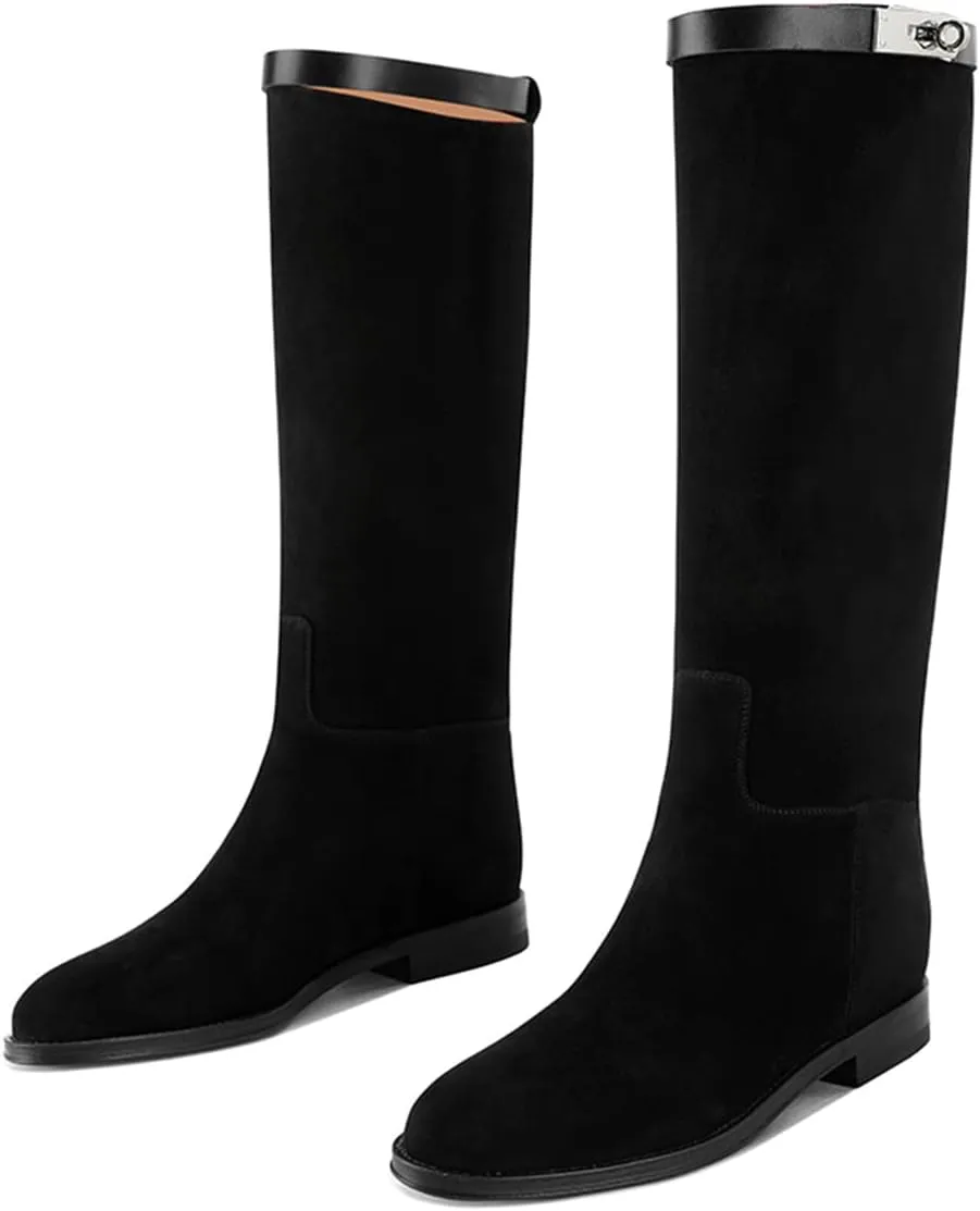 YDN Women Classic Round Toe Under the Knee High Flat Riding Boots Pull on Mental Buckle Wide Calf Booties Combat Walking Boots Size 4-15 US