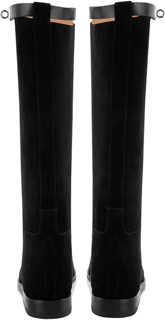 YDN Women Classic Round Toe Under the Knee High Flat Riding Boots Pull on Mental Buckle Wide Calf Booties Combat Walking Boots Size 4-15 US