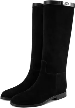 YDN Women Classic Round Toe Under the Knee High Flat Riding Boots Pull on Mental Buckle Wide Calf Booties Combat Walking Boots Size 4-15 US
