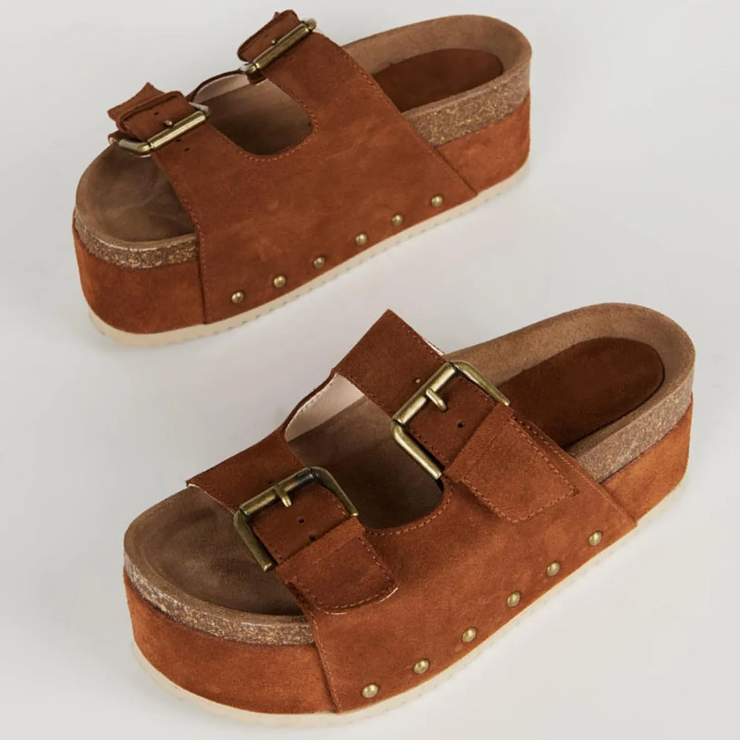 Yishaweiqi Women's Suede Platform Sandals Comfortable Cork Footbed Studded Flatform Sandals Adjustable Buckle Straps Flat Clogs Slide Sandals