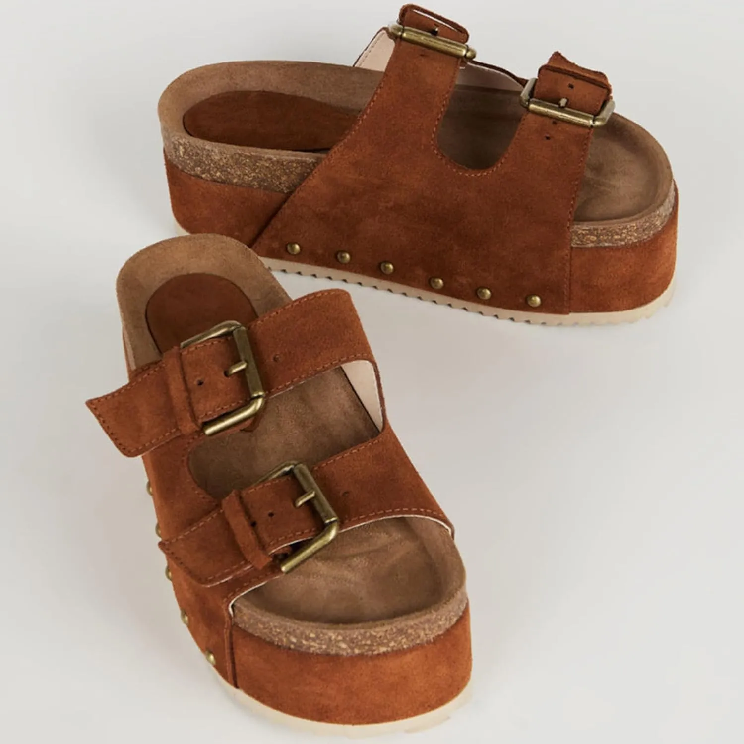 Yishaweiqi Women's Suede Platform Sandals Comfortable Cork Footbed Studded Flatform Sandals Adjustable Buckle Straps Flat Clogs Slide Sandals