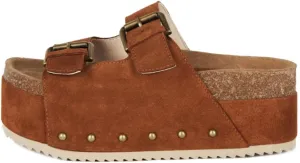 Yishaweiqi Women's Suede Platform Sandals Comfortable Cork Footbed Studded Flatform Sandals Adjustable Buckle Straps Flat Clogs Slide Sandals