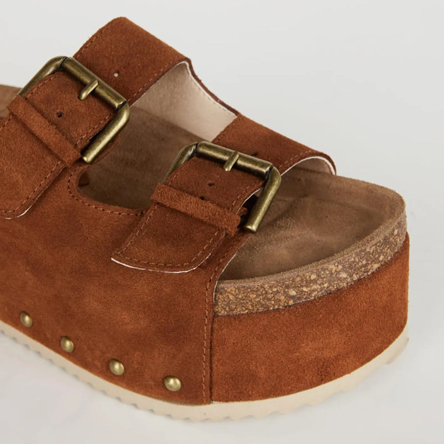 Yishaweiqi Women's Suede Platform Sandals Comfortable Cork Footbed Studded Flatform Sandals Adjustable Buckle Straps Flat Clogs Slide Sandals