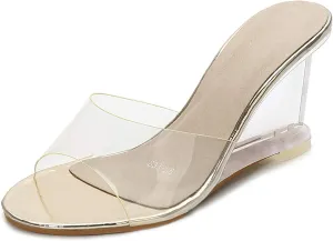 YIYA Women's Clear Wedge Sandals Transparent Open Toe Slip On Mule Lucite Heel Slide Dress Shoes