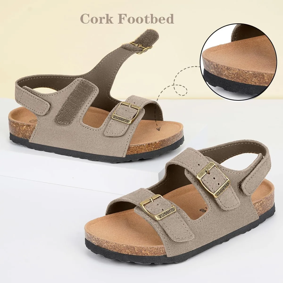 ZUSERIS Kids Toddler Sandals Boys Girls Cork Footbed Sandal Comfort Double Buckle Slip On Slippers with Adjustable Back Strap